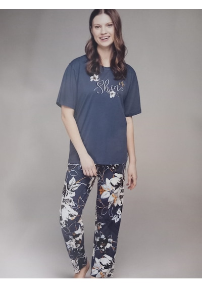 3nbe Kadın Büyük Beden Kısa Kollu Pijama Takımı Lacivert 2434