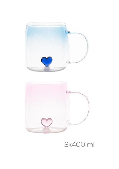 Dream Love Hearts 400ml Romantik Kalp Tasarımlı 2'li Renkli Borosilikat Cam Kupa Seti Çok Renkli, Pbt-707 Beyaz - Çok Renkli