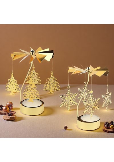 2'li Set Dönen Işıklı Kar Tanesi Ve Ağaç Metal Tealight Mumluk Gold