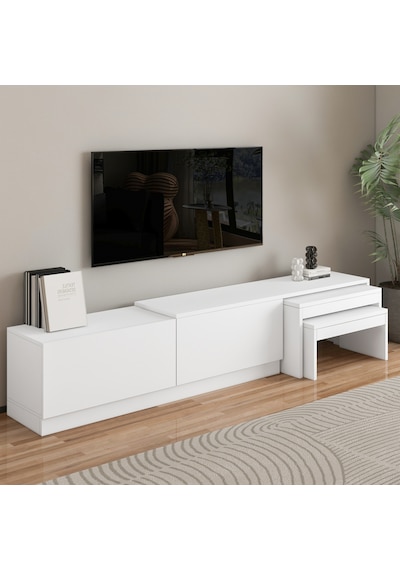 Nest Tv Sehpası Modern Tasarım,2 Kapaklı Depolama Ve İkili Zigon Sehpa İle Fonksiyonel Mobilya Beyaz Nest Tv Sehpası Modern Tasarım,2 Kapaklı Depolama Ve İkili Zigon Sehpa İle Fonksiyonel Mobilya Beyaz