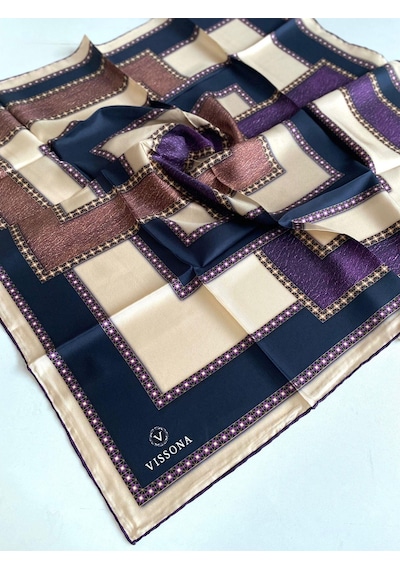 Vissona Tivil İpek Eşarp 17445 - 0026 - 0033 Lacivert Krem Geometrik Desen Lacivert