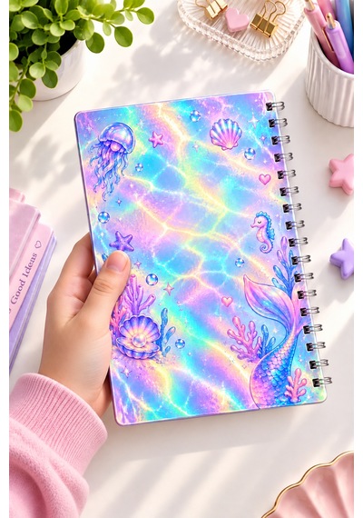 Holografik Deniz Kızı A5 Spiralli Defter 80 Yaprak 160 Sayfa Çizgili Sert Kapak Çok Renkli