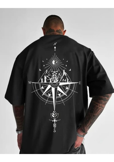 Panda Baskı Tekstil Pusula Motor Baskılı Özel Tasarım Oversize Tshirt Siyah