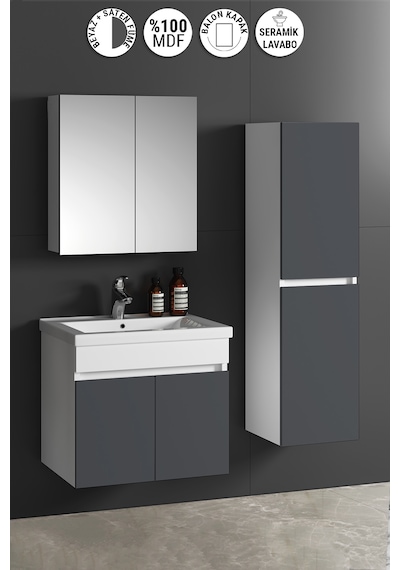 Çiğdem 55+35 Cm Beyaz-füme Balon Mdf Seramik Lavabolu Sepetli Asma Banyo Dolabı Takımı