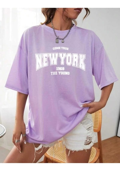 Noıssey Mor New York Baskılı Oversize Unisex