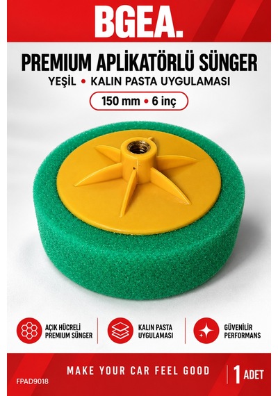 Bgea Premium Aplikatörlü Yeşil Kalın Pasta Polisaj Süngeri 150 Mm 6 İnç 1 Adet
