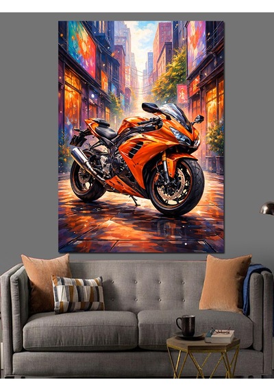 Ahşap Tablo Turuncu Modern Spor Motosiklet Görseli