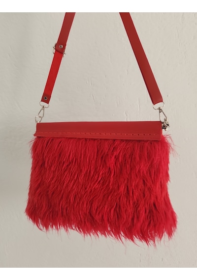 Kırmızı Tüylü,suni Deri Altıgen Yaylı Burslu Kadın Clutch Çanta Kırmızı