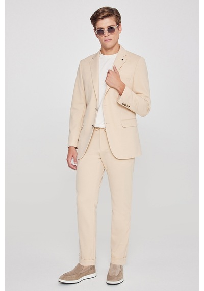 Erkek Bej Slim Fit Dar Kesim Mono Yaka Beli Bağlamalı Kapak Cepli Esnek Takım Elbise Bej