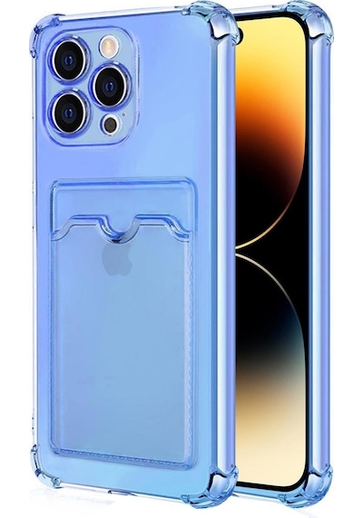 Apple Uyumlu iPhone 15 Pro Kılıf Darbe Emici Köşe Korumalı Kartlıklı Cüzdanlı Silikon Kapak Mavi