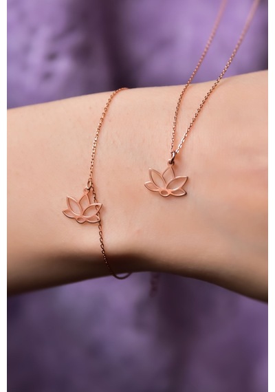 Papatya Silver 925 Ayar Gümüş Rose Kaplama Lotus Çiçeği Kolye ve Bileklik Set