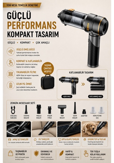 Bagajon Castu Cs81+ Max 20.000 Pa Şarjlı Profesyonel Kablosuz El Süpürgesi Fırçasız Motorlu Araç Süpürgesi Gri-kahve