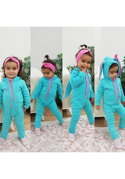 Modavals Tavşan Kapişonlu Kız Bebek Tulum Turkuaz