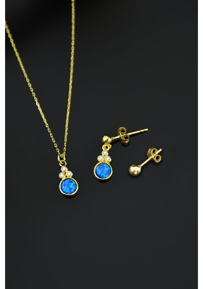 Papatya Silver 925 Ayar Gümüş Gold Kaplama Mavi Opal Yuvarlak Kolye Çivili ve Top Küpe Set
