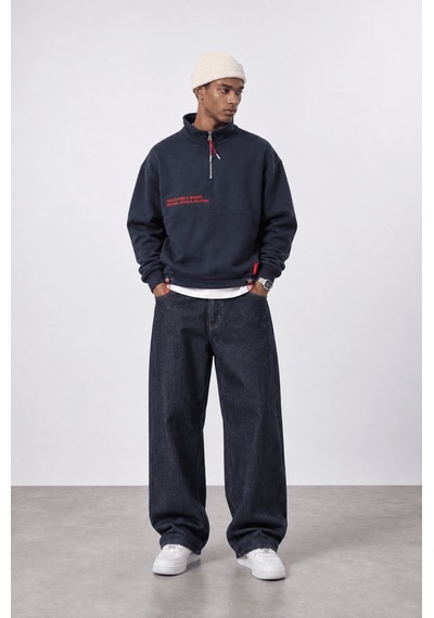 Respire Erkek Reset Baskılı Lastik Detaylı Half Zip Oversize Sweatshirt Lacivert