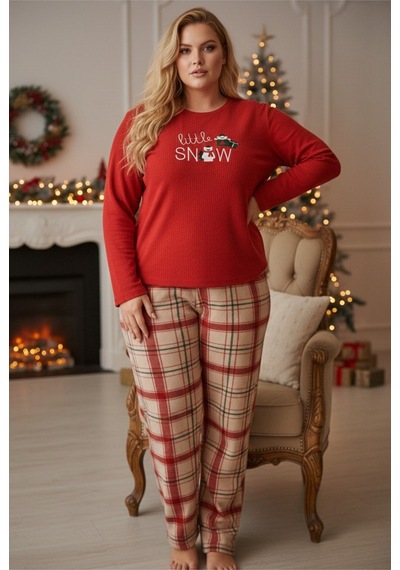 Siyah İnci Nakışlı Büyük Beden Polar Kışlık Örme Pijama Takım 25222579 Kırmızı