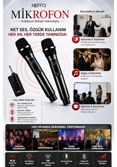 Çiftli Kablosuz Mikrofon Seti Şarj Edilebilir Karaoke Mikrofonu, 50 Metre Mesafe
