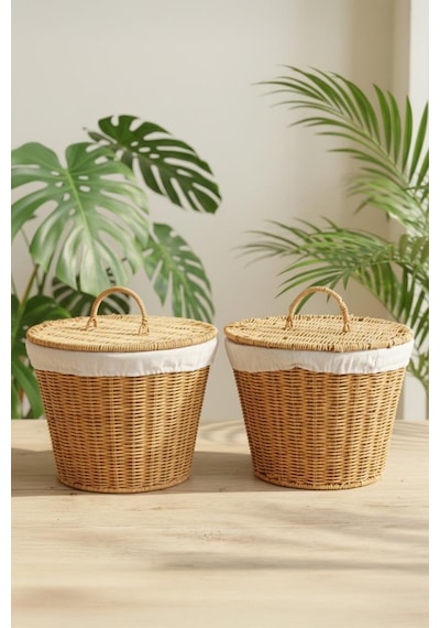 Digithome 2'li Yuvarlak Rattan Hasır Patates Soğan Sarımsak Meyve Sepeti Düzenleyici Organizer -9t02 Kahverengi