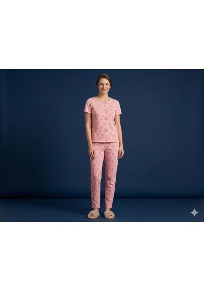 Sleeproom Yazlık Pembe Ananas Desenli Kısa Kol Penye %100 Pamuk Pijama Takım