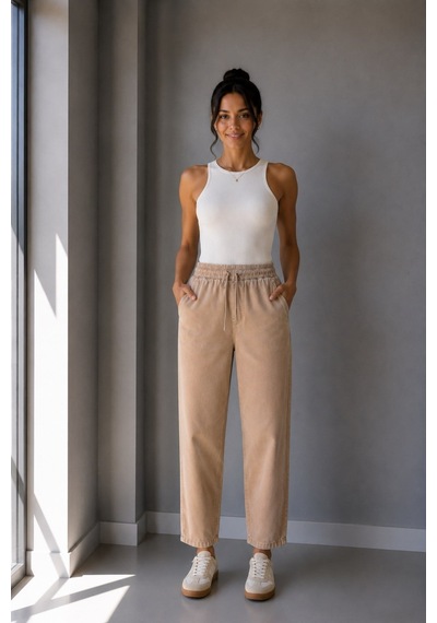 Vadon 1019 Kadın Pamuk Gabardin Lastikli Bel Havuç Kesim Pantolon Camel