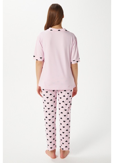 Kadın Lily Yumuşak Doku Pembe Kalpli Ön Düğmeli Kısa Kollu Pijama Takımı Pembesiyah Pembe - Siyah