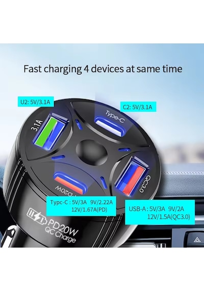 P48 4 İn 1 Pd20w + Qc3.0 Araç İçi Çakmaklık Hızlı Şarj Başlığı