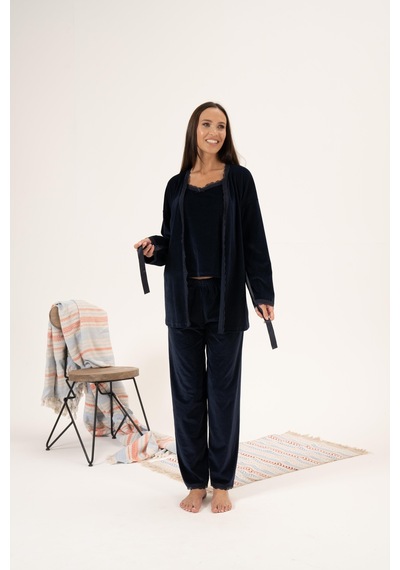 Estiva Kadın Kışlık 3 Parça Sabahlıklı Kadife Pijama Takımı 001