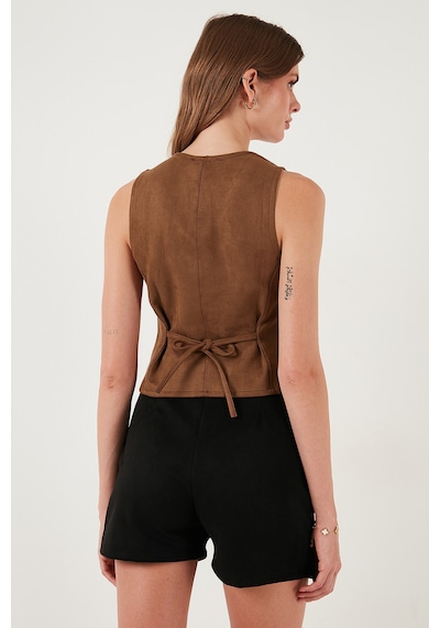 Lela Fitted Fit Bisiklet Yaka Düğmeli Yumuşak Dokulu Bayan Yelek 5866435 Taba