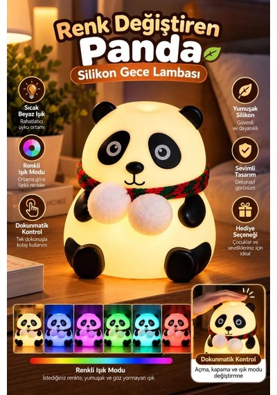 Dokunmatik Kontrollü Renk Değiştiren Panda Gece Lambası Çocuk Odası Ve Yatak Odası Standart 60914707