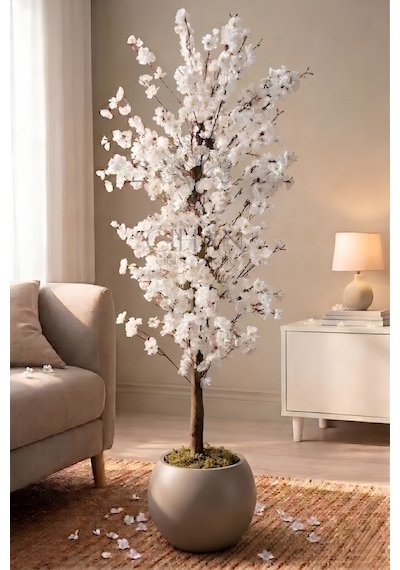 Cihan Çiçekçilik Yapay Beyaz Bahar Dalı Ağacı 180cm- 27x33 Cm Küre Saksılı Diğer