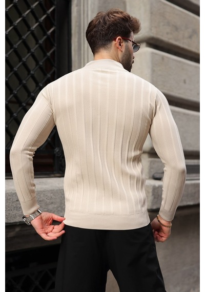 Madmext Taş Rengi Slim Fit Hakim Yaka Fermuarlı Erkek Triko Kazak E7518