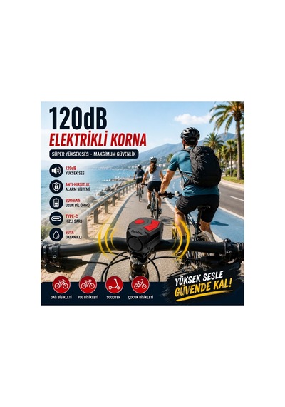 120 Db Usb Şarjlı Elektrikli Bisiklet Kornası Ve Anti Hırsızlık Alarm Zili Scooter Uyumlu Siyah