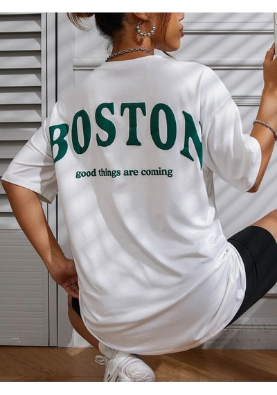 Kadın Beyaz Oversiz Boston Baskılı Örme T-shirt Beyaz-58930