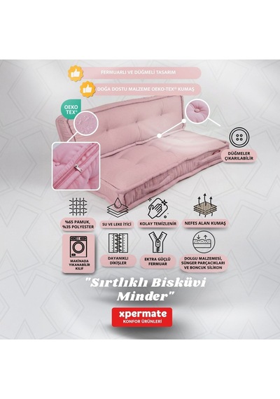 Xpermate Bisküvi Yer Minderi 60x120 Kalın Palet Balkon Petek Önü Fermuarlı Minder Pembe