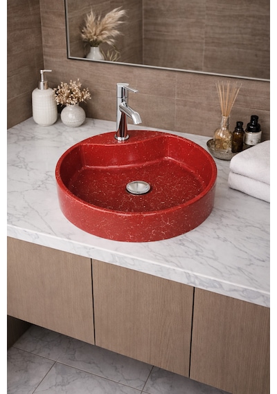 Mermer Desenli Tezgah Üstü Yuvarlak Çanak Taş Lavabo 45 Cm Musluk Delikli Bordo