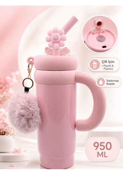 Cocosmile Cs-8826 Pembe 950 Ml Çift İçim Paslanmaz Çelik Termos Mug