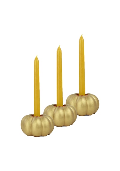 Eskitme Mumluk Şamdan 3 Adet Tealight Ve İnce Mum Uyumlu Kabak Model - Altın