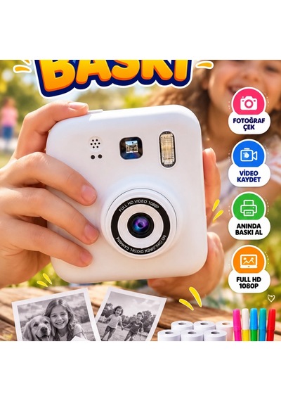 Çocuklar İçin Dijital Baskılı Fotoğraf Makinesi 5 Renkli Kalem Ve 4 Kağıt Rulo Hediyeli Kamera