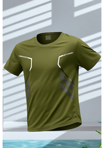 Genius Store Erkek Spor Tişört Antreman Gym Polyester Erkek Sporcu T-shirt Şeritli-tişört Haki