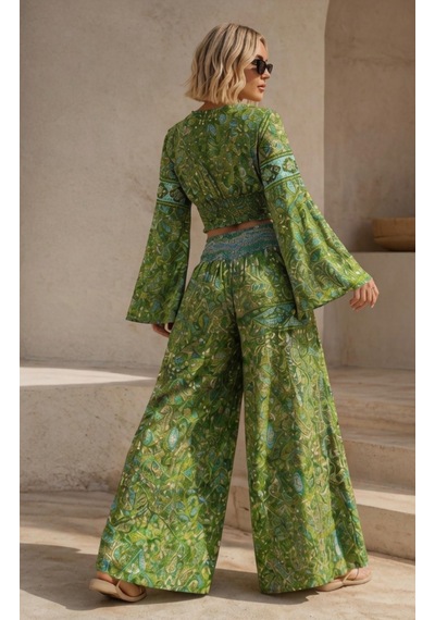 İbeeka Bohem Luxe Paisley Desen Gipeli Crop Akışkan Bol Paça Pantolon Takım Yeşil