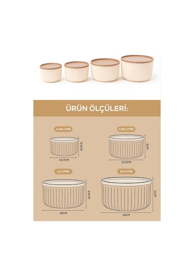 Vienev 4'lü Yuvarlak Saklama Kabı Seti Çizgili Bej 2.5l 1.5l 0.80l 0.45l Mikrodalga Ve Dondurucu Uyumlu Bej