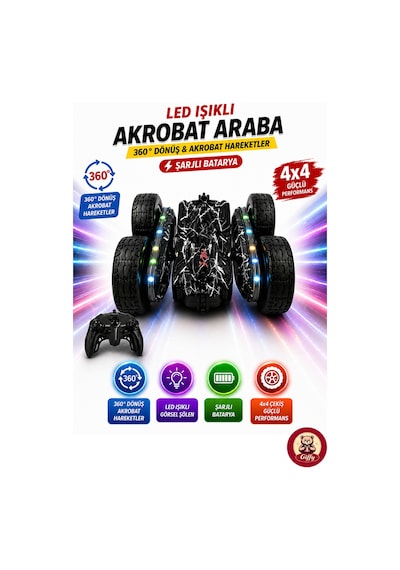 Oyuncak Led Işıklı 360 Akrobat Uzaktan Kumandalı Araba Şarjlı 4x4 Off Road Dublör Oyuncak Araba Siyah