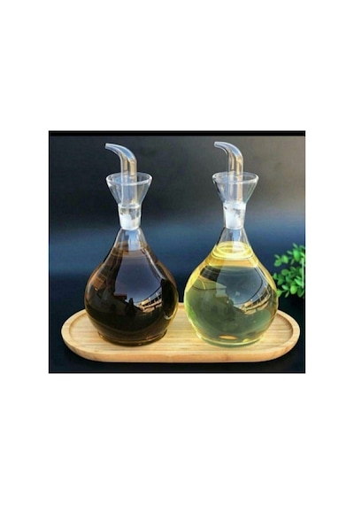 Reoona 2 Adet Borosilikat Tombul Düz Cam Yağdanlık Yağlık Ve Sirkelik Seti 900 Ml+900 Ml Bambu Standlı Şeffaf - Şeffaf