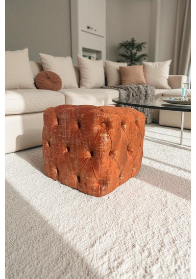 Küp Puf - Best İthal Kadife Babyface Kumaş Varak Baskı - Modern Ve Şık Dekoratif Puf&bench Kiremit