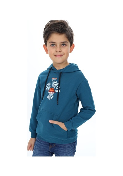 Toontoy Kids Erkek Çocuk Relax Fit Kapüşonlu Cepli Hafif Düşük Omuz Baskılı Sweatshirt Petrol Mavi