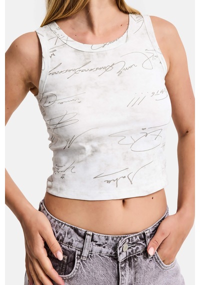 Kadın Beyaz W5 Crop Özel Baskılı Yıkamalı Kumaş Tasarım Body