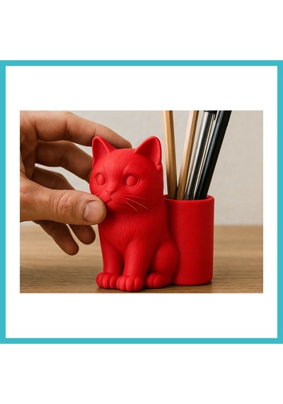 Bezos 3d Baskı Kedi Figürlü Kalemlik - Masaüstü Organizer - Kırmızı Dfnbez