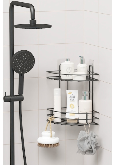 Zabata Yapışkanlı 2 Katlı Banyo Köşeliği Köşe Rafı Duş Şampuanlık Duvar Düzenleyici Organizer Raf Siyah