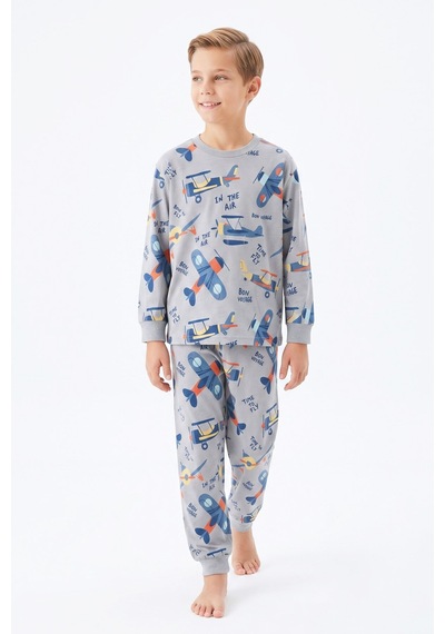 Modanino %100 Pamuk Erkek Çocuk Pijama Takımı 8-13 Yaş 12735ıs Gri