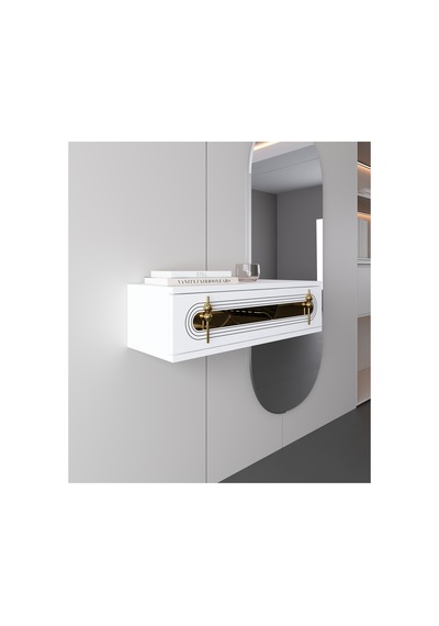 Işık 70cm Duvara Monte Kapaklı Raflı Modern Dresuar Beyaz-altın Beyaz-altın